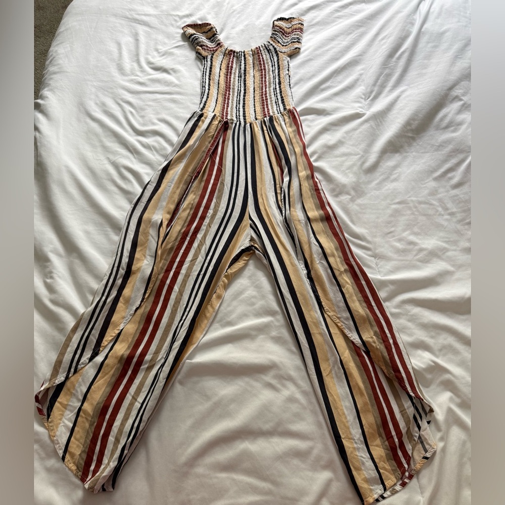 Striped Wide-Leg Jumpsuit in Beige, Yellow and Rust
